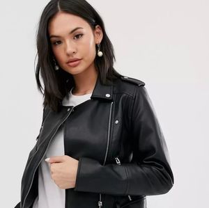 Pull&Bear faux leather biker jacket in black